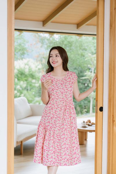  Đầm suông dài chất lụa Hàn Châu tay hến lệch tầng Cardina 