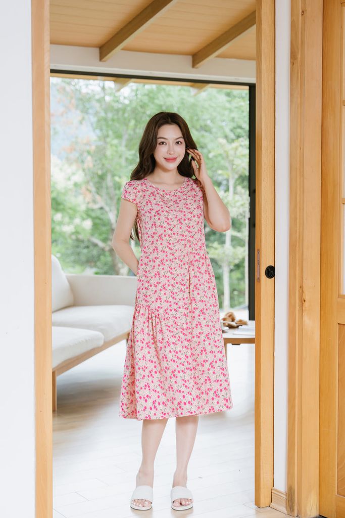  Đầm suông dài chất lụa Hàn Châu tay hến lệch tầng Cardina 