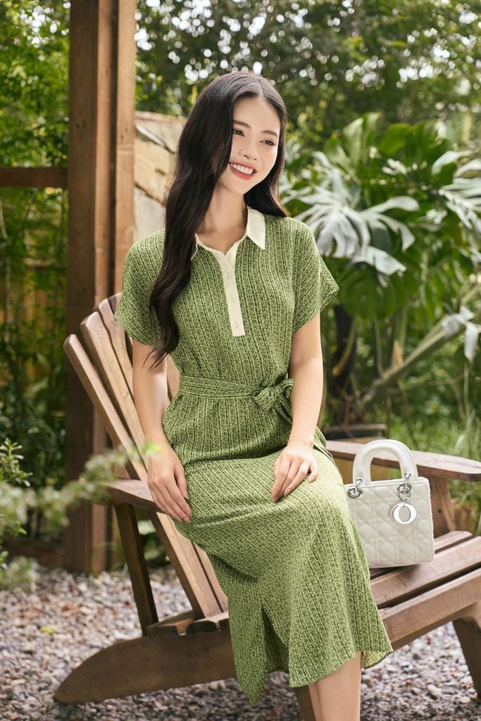  Đầm suông lụa Hàn Châu phối cổ họa tiết thắt eo thanh lịch 