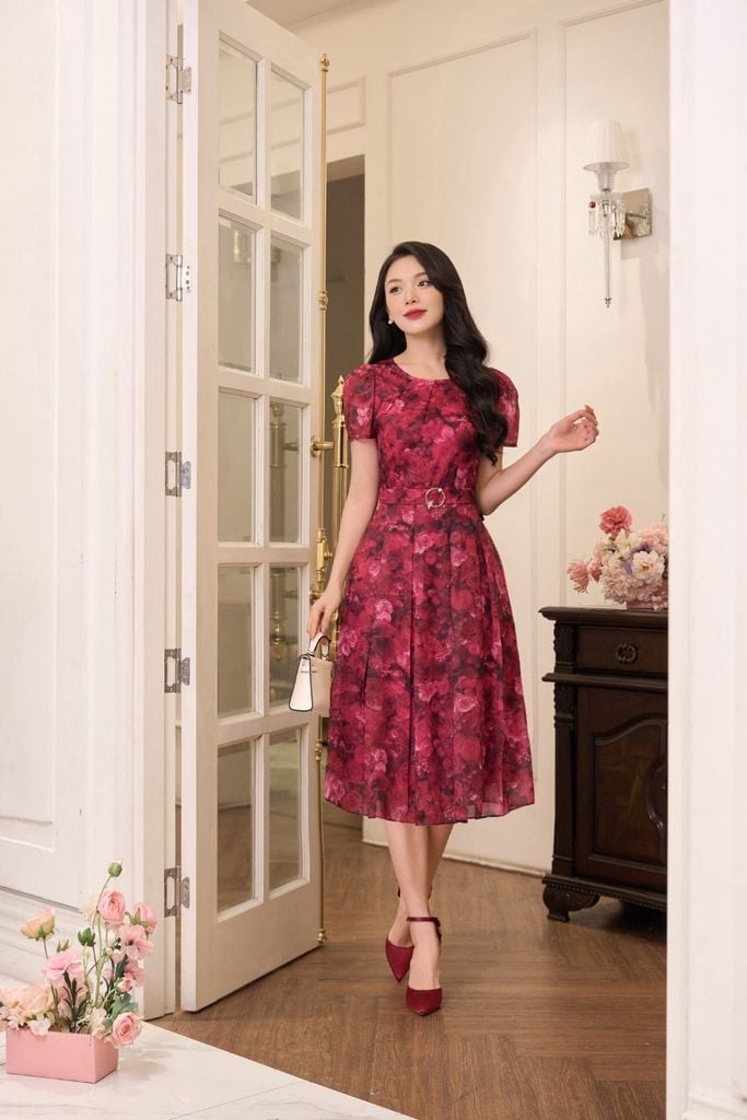  Đầm xòe xếp ly eo cao chất liệu tơ hoa NOHU là nhà cái nổ hũ đổi thưởng uy tín hàng đầu kèm đai 