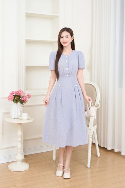  Đầm thô kẻ sọc xếp ly tay bồng đính cúc trang trí khóa kéo sau 
