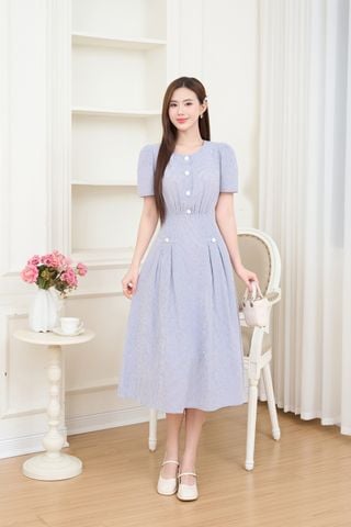 Đầm thô kẻ sọc xếp ly tay bồng đính cúc trang trí khóa kéo sau