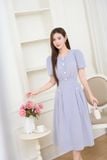  Đầm thô kẻ sọc xếp ly tay bồng đính cúc trang trí khóa kéo sau 