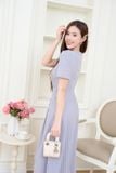  Đầm thô kẻ sọc xếp ly tay bồng đính cúc trang trí khóa kéo sau 