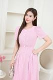  Đầm thô kẻ sọc xếp ly tay bồng đính cúc trang trí khóa kéo sau 