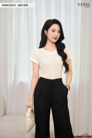 Áo kiểu nữ chất liệu ren dệt quả trám cổ tròn ngắn tay