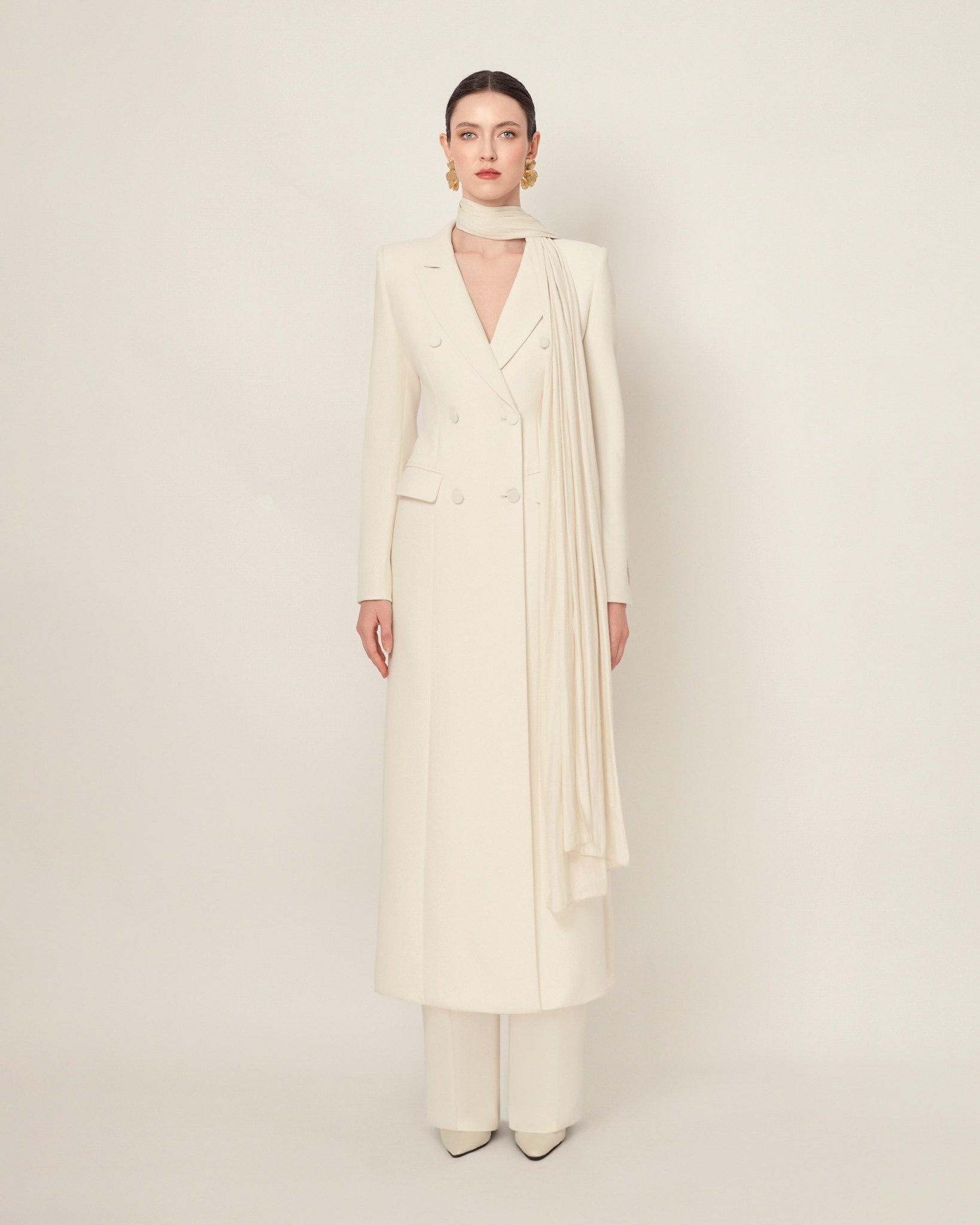  VIOLA LONG DOUBLE-BREASTED SUIT DRESS WITH SCARF DETAIL 