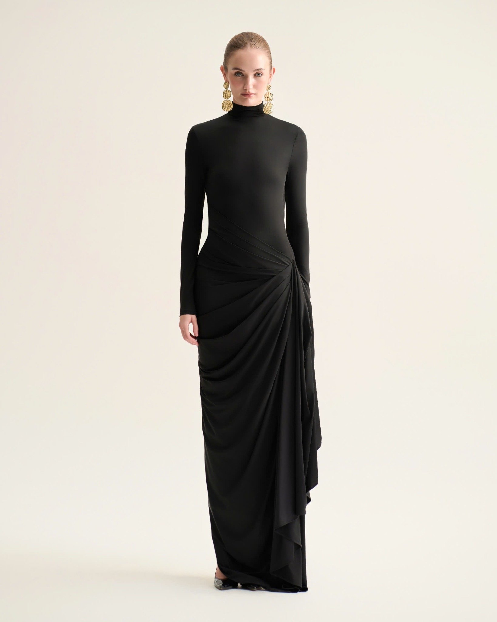  LYRA TURTLENECK DRAPED STRETCH DRESS 