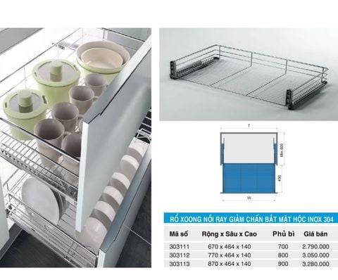 Rổ xoong nồi ray giảm chấn bắt mặt hộc inox 304 303111(700), 303112(800), 303113(900) – HIGOLD