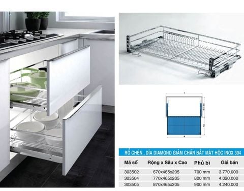 Rổ chén dĩa Diamond giảm chấn bắt mặt hộc 303502(700), 303504(800), 303505(900) – Higold