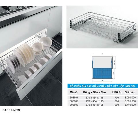 Rổ chén dĩa ray giảm chấn bắt mặt hộc inox 304 303601(700), 303602(800), 303603(900) – HIGOLD