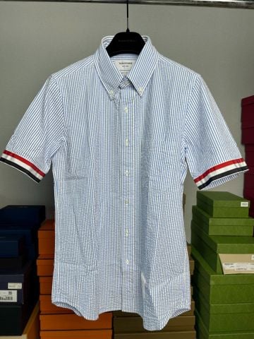  Thom Browne Light Blue Cotton Seersucker Grosgrain Cuff Straight Fit Short Sleeve Shirt. 