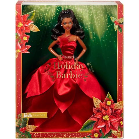  Đồ chơi búp bê Barbie Signature 2022 Collectible Holiday Doll with Dark Brown Hair & Poinsettia Gown 