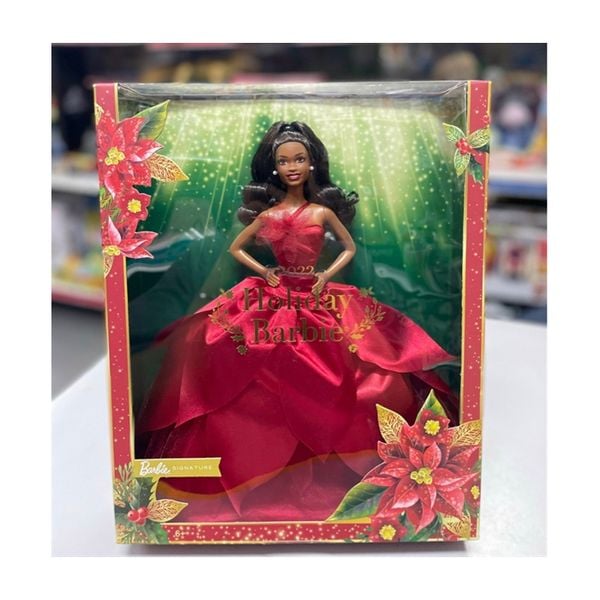 Đồ chơi búp bê Barbie Signature 2022 Collectible Holiday Doll with Dark Brown Hair & Poinsettia Gown
