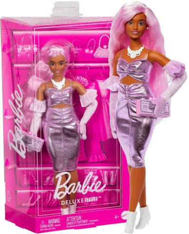  Búp bê HYV25 Barbie Deluxe Style Doll #1 in Glossy Pink Barbiecore Dress 