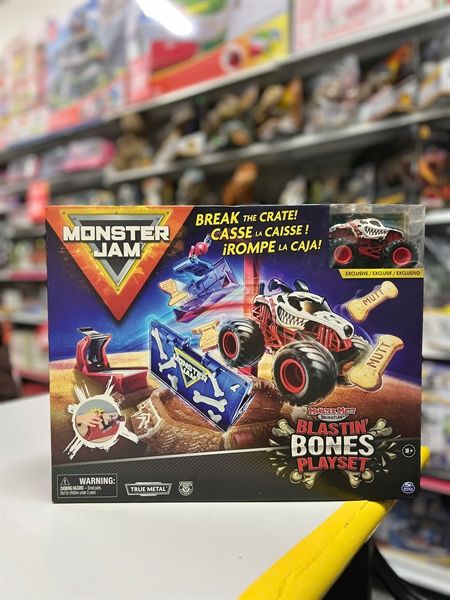 23win08 com xe Monster Jam, Blastin’ Bones Playset with Exclusive Monster Truck Mutt Dalmatian