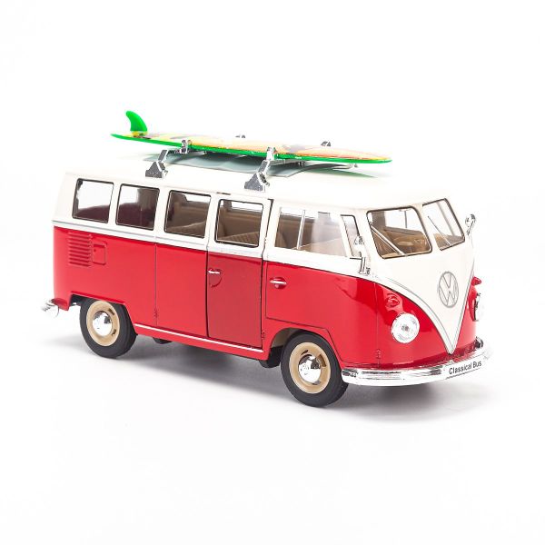 Mô hình xe Volkswagen T1 Bus (1963) With Surf Board 1:24 Welly Red