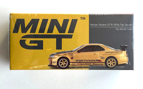  Xe mô hình MINI GT 1/64 Nissan Skyline GT-R R34 Top Secret Gold Right Handle 