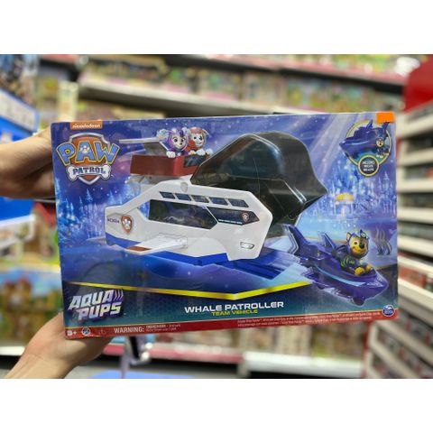  6065308- Paw Patrol Aqua Pups Whale Patroller Team Vehicle with Chase Action Figure, 