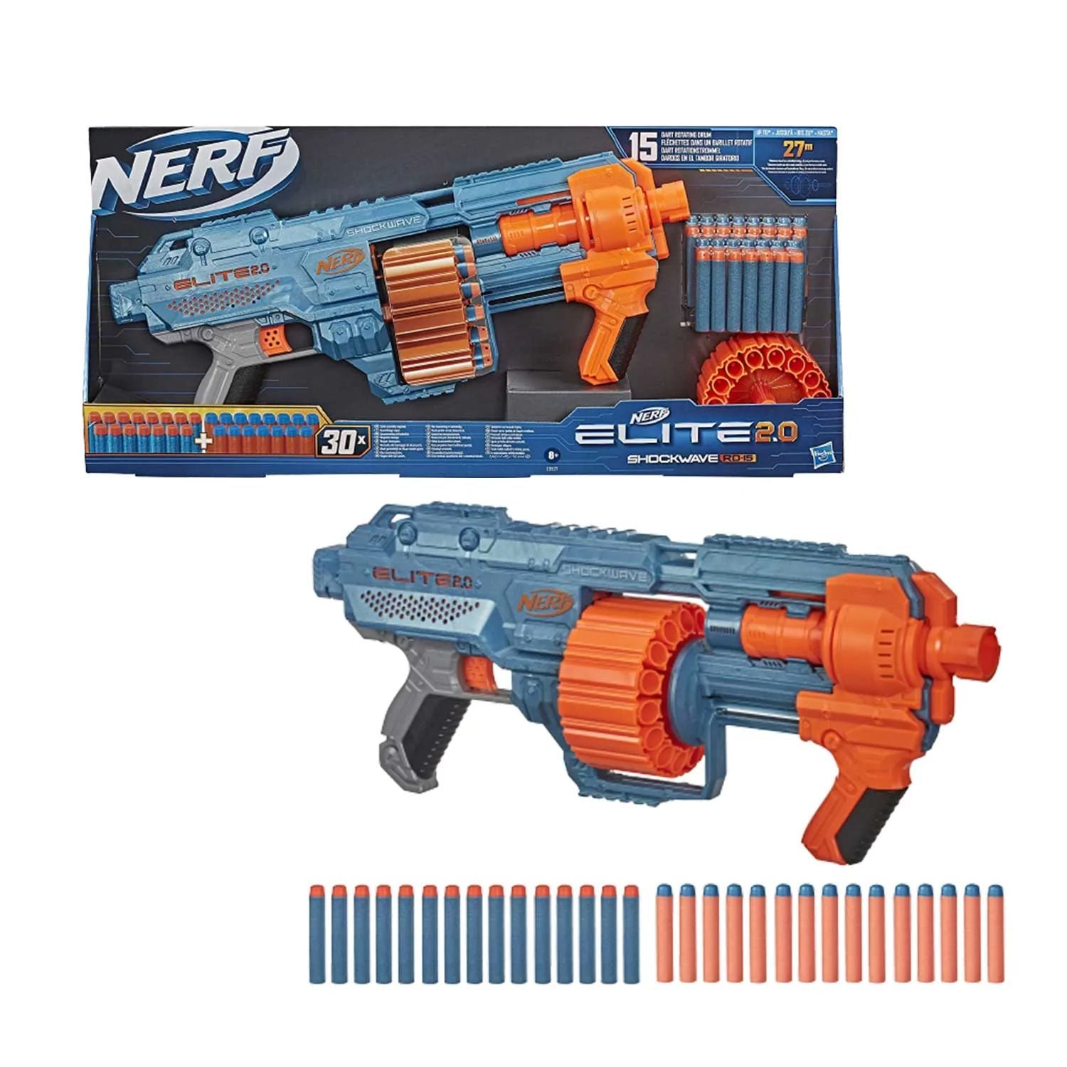 NERF Elite 2.0 Shockwave RD-15 Blaster, 30 Darts, 15-Dart Rotating Drum 