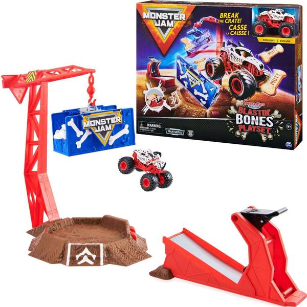 23win08 com xe Monster Jam, Blastin’ Bones Playset with Exclusive Monster Truck Mutt Dalmatian