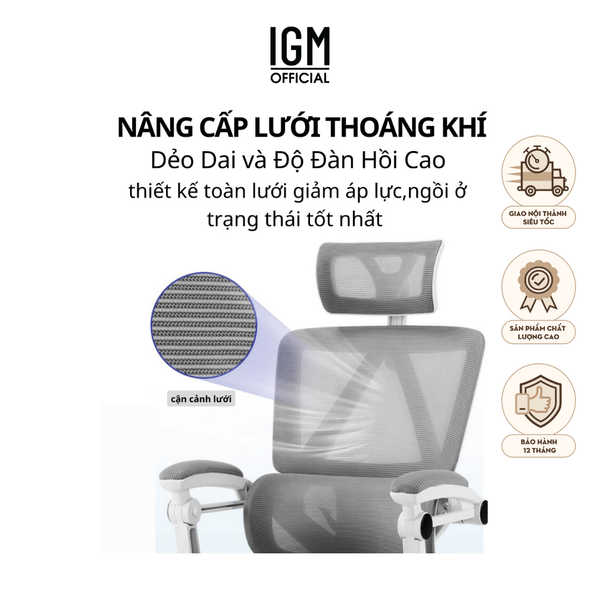 Ghế Công Thái Học, ghế xoay văn phòng IGM230, Ghế có ngả lưng, gác chân, tựa đầu êm ái