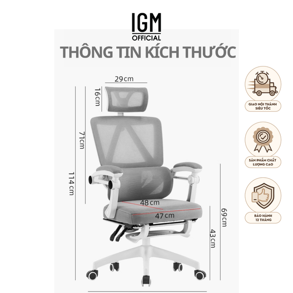 Ghế Công Thái Học, ghế xoay văn phòng IGM230, Ghế có ngả lưng, gác chân, tựa đầu êm ái