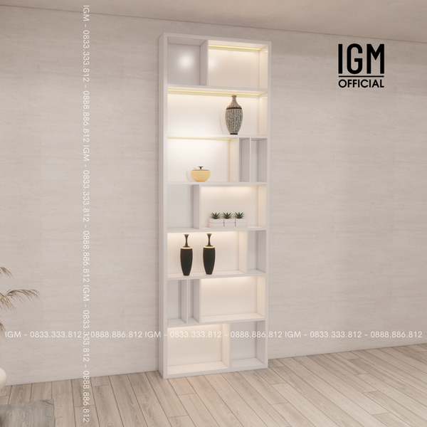 Kệ Trắng nhỏ có Led Cao 2m4 Rộng 80cm Sâu 20cm Chất liệu Gỗ MDF cốt Nâu, cốt Xanh