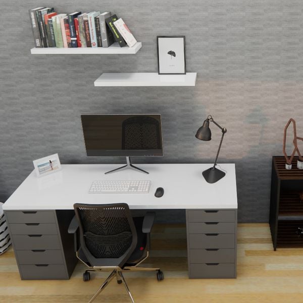 Bàn IKEA 2 Hộc tủ Xám (Mặt bàn MDF - màu Trắng)