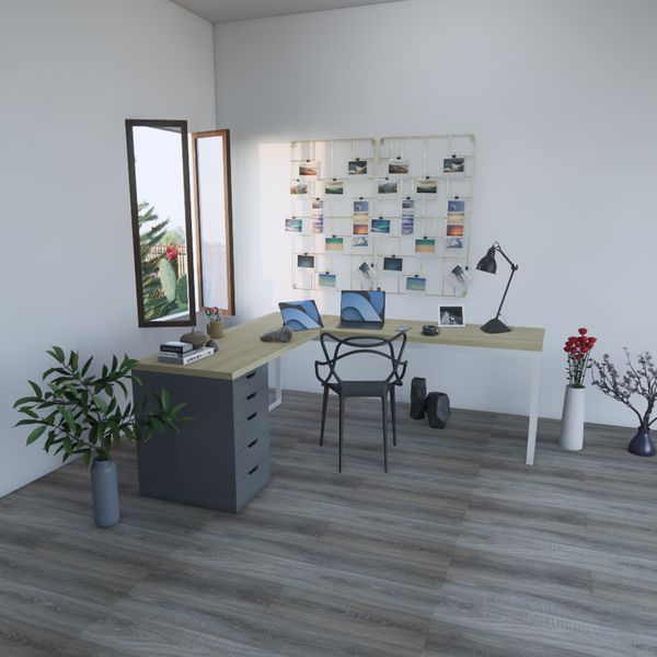 Bàn IKEA chữ L 1 Hộc tủ 5 ngăn Xám (Mặt bàn MDF - Màu Gỗ sồi)