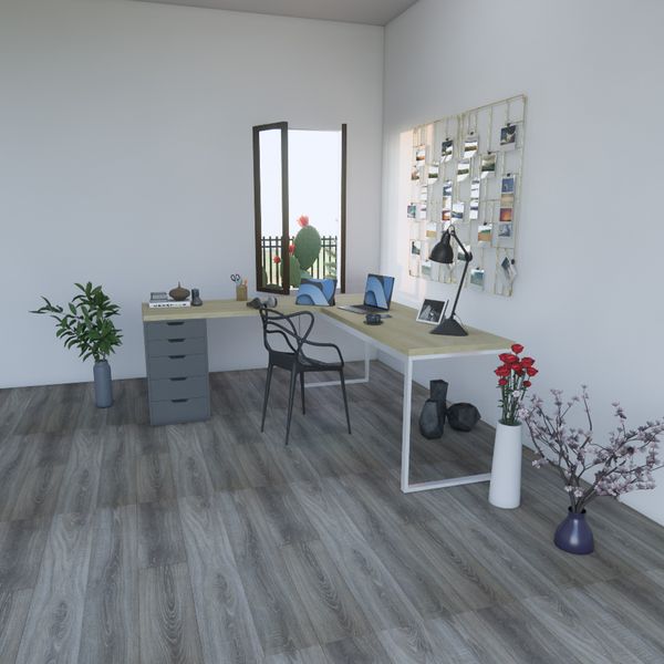 Bàn IKEA chữ L 1 Hộc tủ 5 ngăn Xám (Mặt bàn MDF - Màu Gỗ sồi)