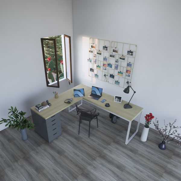 Bàn IKEA chữ L 1 Hộc tủ 5 ngăn Xám (Mặt bàn MDF - Màu Gỗ sồi)