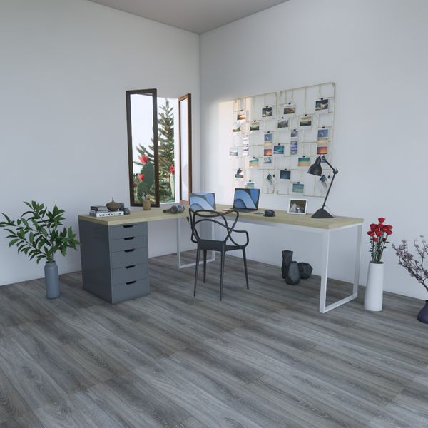 Bàn IKEA chữ L 1 Hộc tủ 5 ngăn Xám (Mặt bàn MDF - Màu Gỗ sồi)