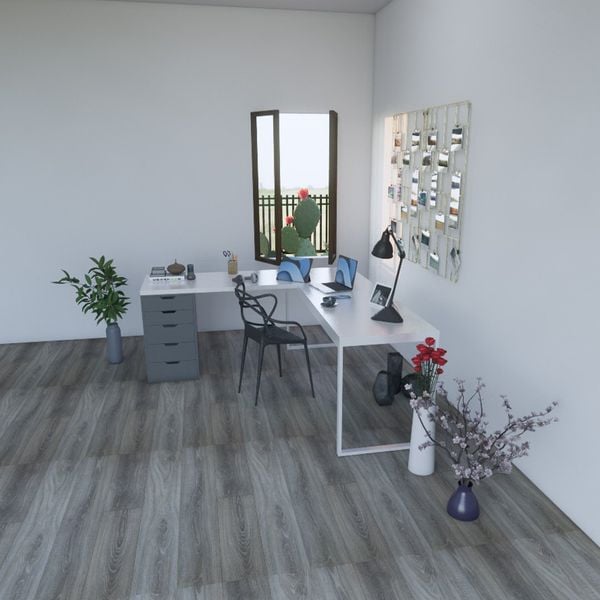 Bàn IKEA chữ L 1 Hộc tủ 5 ngăn Xám (Mặt bàn MDF - Màu Trắng)