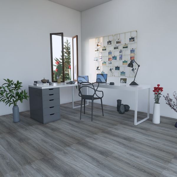 Bàn IKEA chữ L 1 Hộc tủ 5 ngăn Xám (Mặt bàn MDF - Màu Trắng)