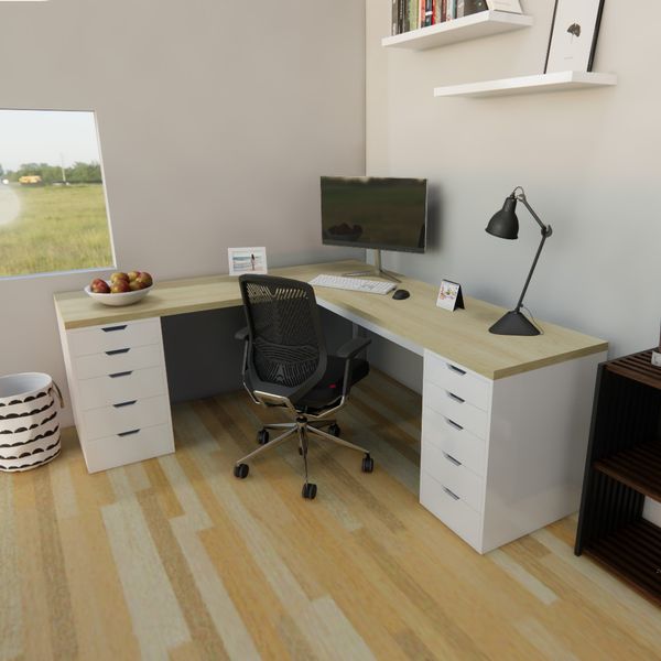 Bàn IKEA chữ L 2 Hộc tủ 5 ngăn Trắng (Mặt bàn MDF - Màu Gỗ sồi)