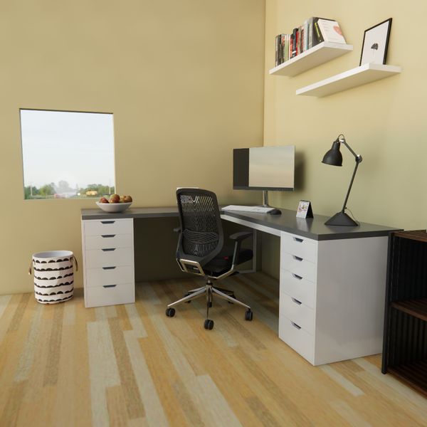 Bàn IKEA chữ L 2 Hộc tủ 5 ngăn Trắng (Mặt bàn MDF - Màu Xám)