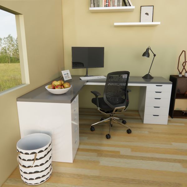 Bàn IKEA chữ L 2 Hộc tủ 5 ngăn Trắng (Mặt bàn MDF - Màu Xám)