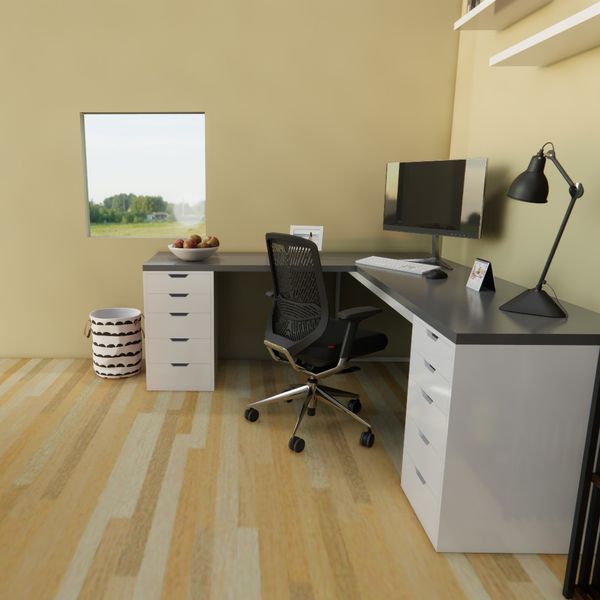 Bàn IKEA chữ L 2 Hộc tủ 5 ngăn Trắng (Mặt bàn MDF - Màu Xám)