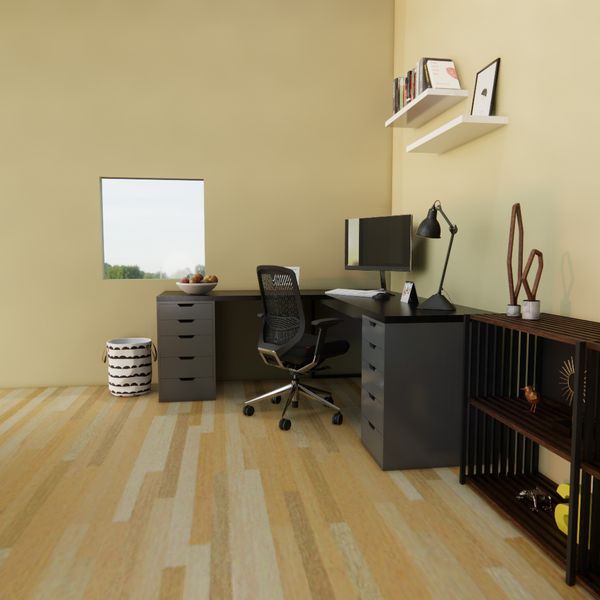 Bàn IKEA chữ L 2 Hộc tủ 5 ngăn Xám (Mặt bàn MDF - Màu Đen)