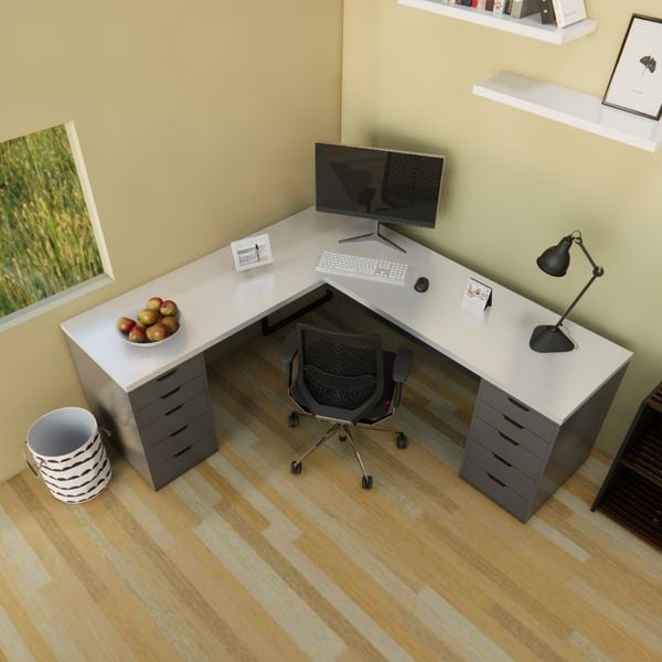 Bàn IKEA chữ L 2 Hộc tủ 5 ngăn Xám (Mặt bàn MDF - Màu Trắng)