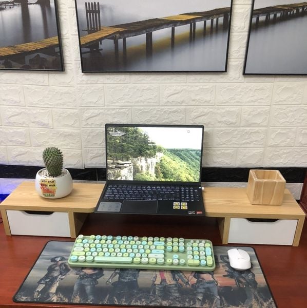 Kệ Để Màn Hình Máy Tính 2 Ngăn Kéo Băng Gỗ MDF Thường