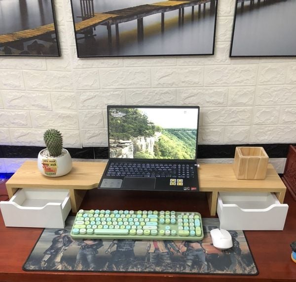 Kệ Để Màn Hình Máy Tính 2 Ngăn Kéo Băng Gỗ MDF Thường