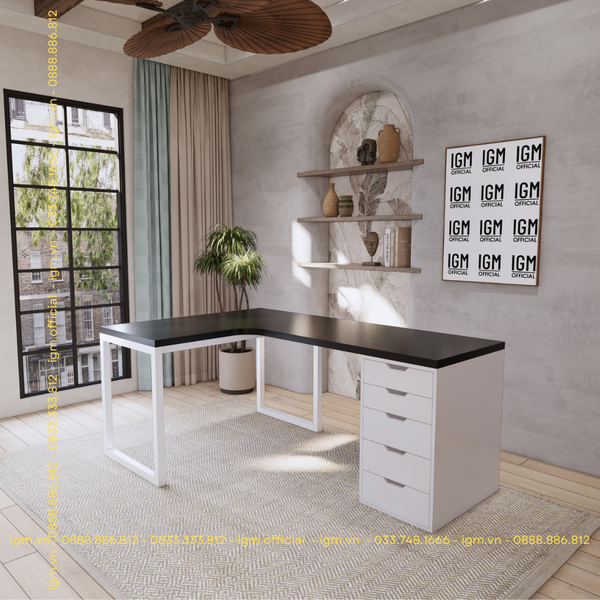 Bàn IKEA chữ L 1 Hộc tủ 5 ngăn trắng (Mặt bàn MDF - Màu đen)