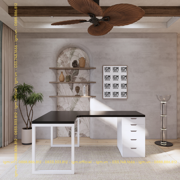 Bàn IKEA chữ L 1 Hộc tủ 5 ngăn trắng (Mặt bàn MDF - Màu đen)