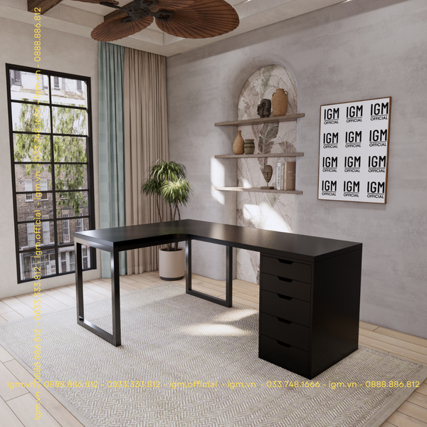 Bàn IKEA Chữ L 1 Hộc tủ đen (Mặt bàn MDF - Màu Đen)