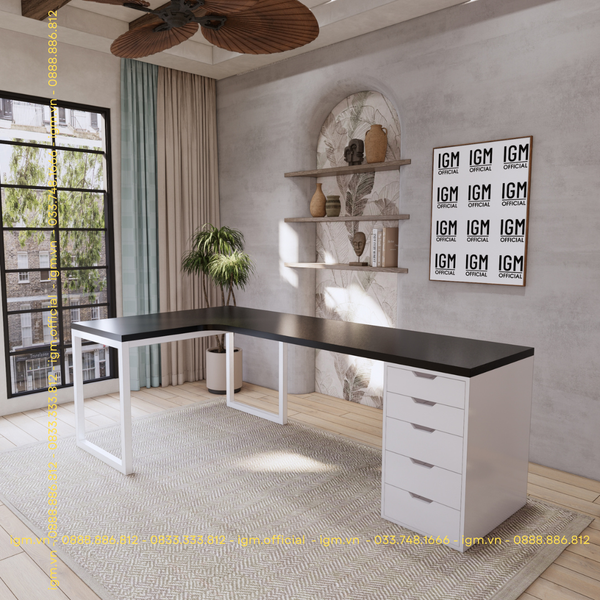 Bàn IKEA chữ L 1 Hộc tủ 5 ngăn trắng (Mặt bàn MDF - Màu đen)