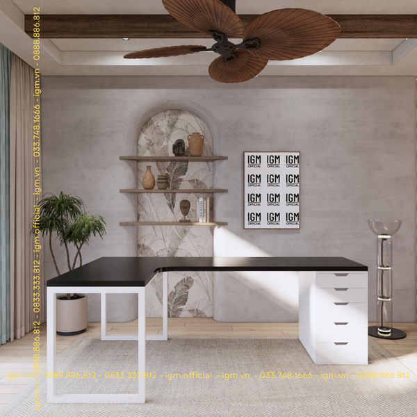 Bàn IKEA chữ L 1 Hộc tủ 5 ngăn trắng (Mặt bàn MDF - Màu đen)