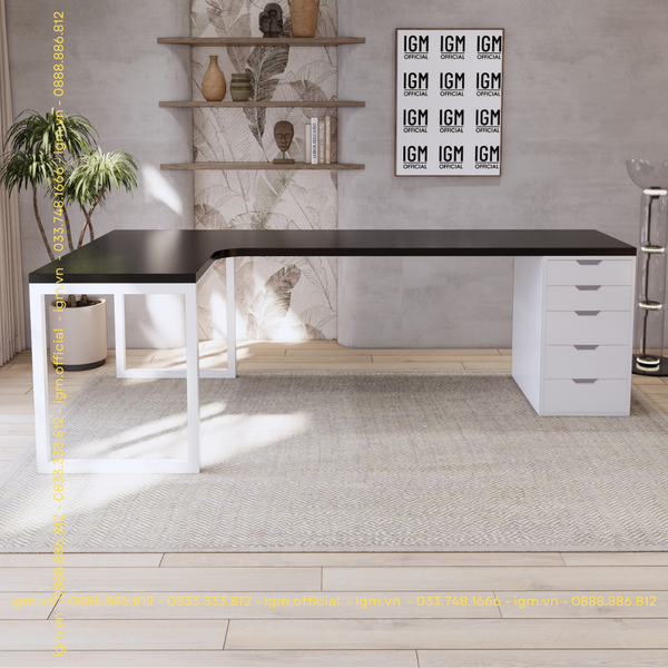 Bàn IKEA chữ L 1 Hộc tủ 5 ngăn trắng (Mặt bàn MDF - Màu đen)