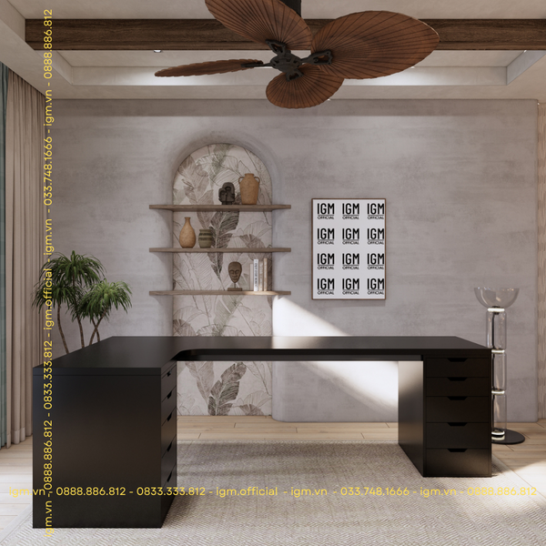 Bàn IKEA chữ L 2 Hộc tủ Đen 5 ngăn (Mặt bàn MDF - Màu Đen)